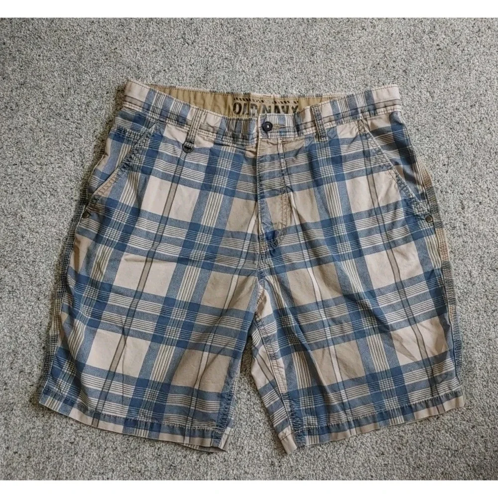 Old Navy Y2K Plaid Chino Shorts Men's 33 Summer Flat Front Blue Beige Stripes